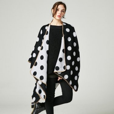 Black Knitted Cashmere Poncho Wrap Women Autumn Winter Dot Thicken Pashmina Scarf Ponchos and Capes 