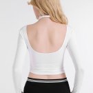 Summer Autumn Black Short T-shirt Women Sexy Top Long Sleeve Cotton T-shirt White Backless Front Cro