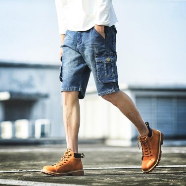 2017 Summer men\'s new large size shorts tide men\'s elastic water wash Slim denim shorts multi-pock