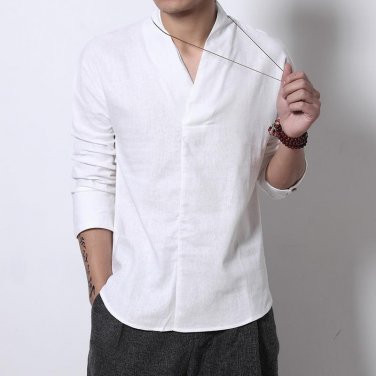 FAVOCENT Men Linen Shirts Long Sleeve Chinese Style Mandarin Collar Traditional Kung Fu Tang Casual 
