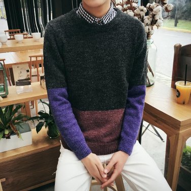 2017 Winter Men Round Neck Knitted Sweaters Male Casual Autumn Striped Stitching Pullover Strickerei