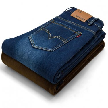 2017 Winter Men\'s Warm Casual Middle Jeans Straight Denim Male Pants Heavyweight with Velvet Long T
