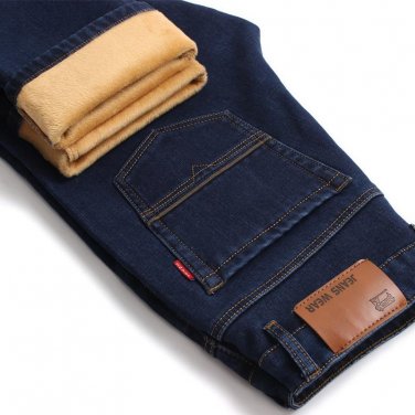 Brand Mens Winter Stretch Thicken Jeans Warm Fleece High Quality Denim Biker Jean Pants Trousers Fre