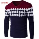 New Male Brand Sweaters Stylish Diamond Lattice Knitted Men Long Sleeve Sweater Men V-Neck Sweater M