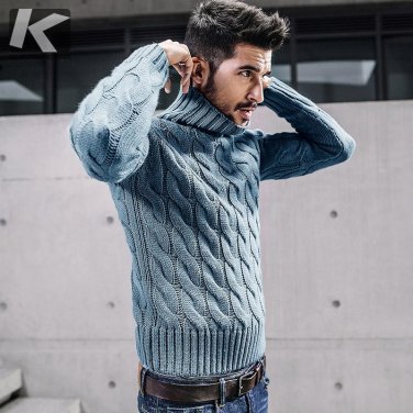 New Autumn Mens Thick Sweaters Turtleneck Blue Knitted Brand Clothing Man\'s Slim Knitwear Male Knit