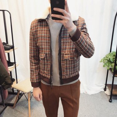 Winter Jackets Men 2018 Plaid Fur Parka Mens Bomber Jackets Mens Woolen Coats Slim Fit Chaquetas Hom