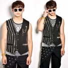 Black Cotton Blend Fabric Square Rivets Vest Silver Sequins Vest Harlan Pants Men Set Ds Dj Nightclu