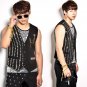 Black Cotton Blend Fabric Square Rivets Vest Silver Sequins Vest Harlan Pants Men Set Ds Dj Nightclu