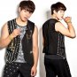 Black Cotton Blend Fabric Square Rivets Vest Silver Sequins Vest Harlan Pants Men Set Ds Dj Nightclu