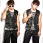 Black Cotton Blend Fabric Square Rivets Vest Silver Sequins Vest Harlan Pants Men Set Ds Dj Nightclu