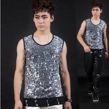 Silver Sequins Singer stage men\'s vest men pullover brand roupas masculinas sexy tank top camisetas