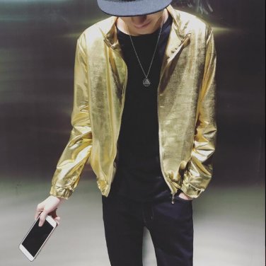 2016 Men\'s DJ Style Gold Silver Costume Fashion Dancer Youth Leisure Coat Thin Jacket Men\'s Bright