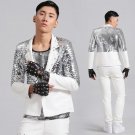 Silver sequins party Leather blazer jacket male costume bar DJ outerwear singer dancer star party pe