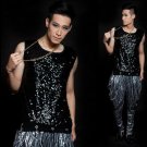 Silver sequins round collar Singer stage black men\'s vest men pullover brand roupas masculinas sexy