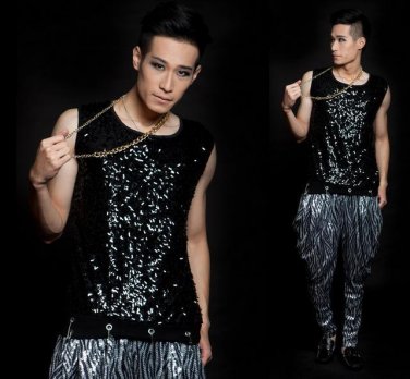 Silver sequins round collar Singer stage black men\'s vest men pullover brand roupas masculinas sexy
