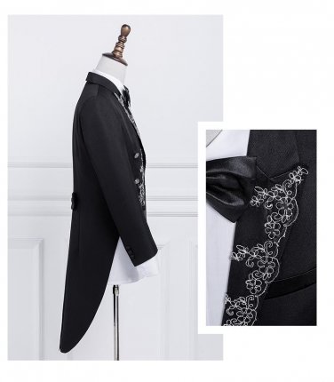 New Mens Black White Stage Singer Swallowtail With Silver Gold Embroidery Dinner Party Magician Mast