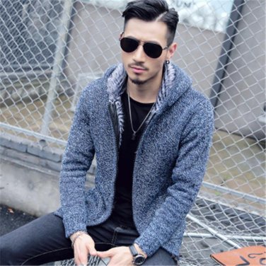 Spring new men\'s personality Slim Hooded Jacket solid color sweater cardigan jacket thick jacket si