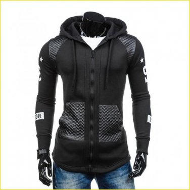 2017 PU Leather Pacthwork Black Gray Hip Hop Hoodie Men Fashion Long Zipper Sportwear Cardigans Coat
