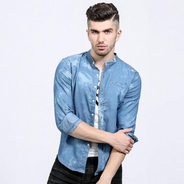2017 Autumn Mens Denim Shirts Decorative Pockets Blue Color Brand Clothing Man\'s Long Sleeve Slim F