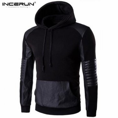 2017 Autumn Spring Hooded Sweatshirt Men Hoodie Pullover Casual Hip hop Leather Patchwork Sportswear