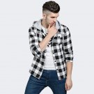 Autumn Winter Men Denim Shirt Vintage Plaid Checks Long Sleeve Snap Buttons Down Hooded Casual Shirt