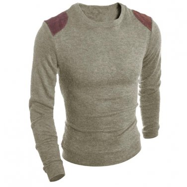 Autumn Spring Fashion Classic Solid Sweater O-Neck Leather Stitching Slim Fit Knitting Men\'s Sweate