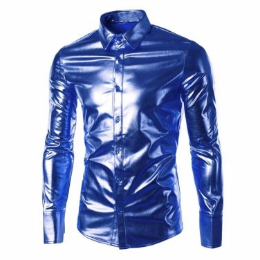 2017 New Shiny Tops Men\'s Long Sleeve Lapel Neck Stage Dance Party Wear Luxury Dress Shirts Men Cas