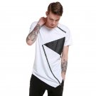 2017 Summer Mens Cotton T-shirt Leather Patchwork Short Sleeve Round Neck Irregular Zipper Hem Casua