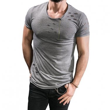 Solid Color Plain Top 2017 Summer Men\'s Short Sleeve Zip Round Neck Hip Hop T Shirts Men Ripped Hol