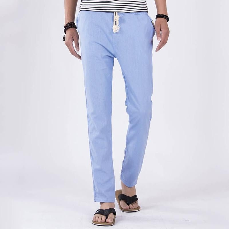 Loose Linen Pants Men Comfortable Male Trousers Jogger Pants Mens Casual Straight Drawstring Pants H