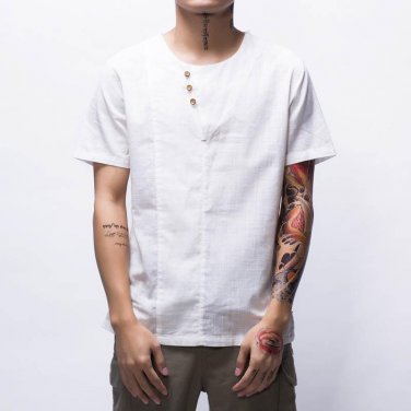 Envmenst 2017 New Arrival Men Flax T-shirt Male Leisure Fashion Short Sleeve Button Decoration Top T