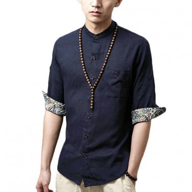 Japanese Shirts For Men Designer Cotton Linen Half Sleeve Floral Mandarin Collar Shirts Social Casua