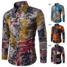 Mens Linen Floral Color Printing Shirts Fashion Mens Large Size National Wind Long-sleeved Cardigan 