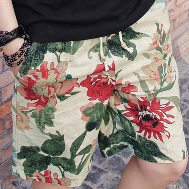 Men Cotton Linen Shorts Ethnic Style Summer Casual Loose Floral Print Beach Short Pants FS99