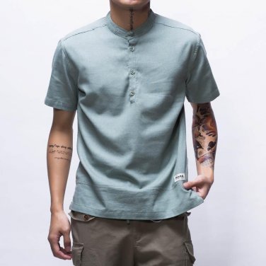 T shirts Men Linen Button Stand Collar Tshirt Casual Short Sleeve Solid Color T-shirt