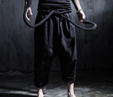new Autumn England style Dark retro rock Unique Thick waist rope linen harem Pants men casual loose 