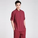 Burgundy Chinese Style Cotton Linen Kung Fu shirt Men Short Sleeve Casual Shirt New Tang Suit Tops M