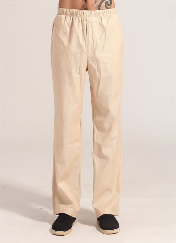 Spring Autumn Beige Chinese Men Kung Fu Tai Chi Pant Cotton Linen Trousers Clothing Size S M L XL XX