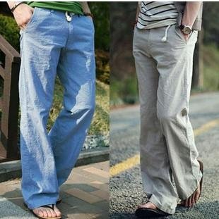 Male spring plus size Mid Elastic Waist Loose Full Length Straight flax pants men ummer Breathable s