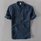Summer Casual Men Shirts short sleeve solid color Linen Shirt Mens blouse High Quality Navy