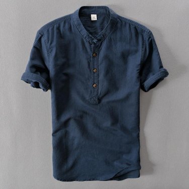 Summer Casual Men Shirts short sleeve solid color Linen Shirt Mens blouse High Quality Navy