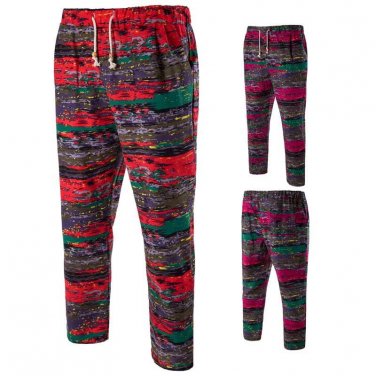 Ethnic Man Cotton Linen Casual Pants Plus Size Beach Pants Printing Casual Beach Pants for Men LB