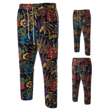 Hot Summer Man Cotton Linen Casual Pants Plus Size Beach Pants Printing Casual Beach Nine Minutes of