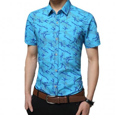 Hot sell men summer shirts short sleeve turn-down collar slim business clothes printed brand high qu