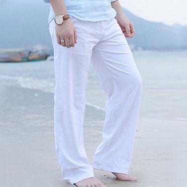 2017 Summer Men\'s Casual Cargo Pants Elastic Waist Solid Straight Fale Cotton Linen Trousers Leisur