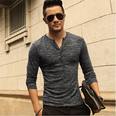 New Men Henley Shirt 2016 new Tee Tops Long Sleeve Stylish Slim Fit T-shirt Button placket Casual me