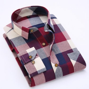 Men\'s Long Sleeve Contrast Bold Plaid Brushed Shirt with Left Chest Pocket Slim-fit Comfortable Sof