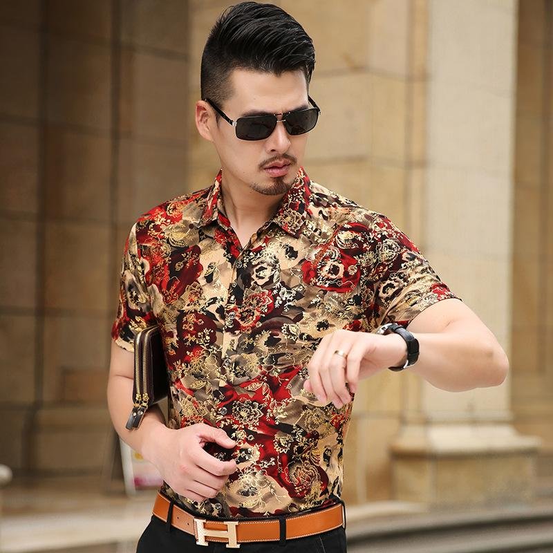 Floral Print Shirt Men 2017 Brand New Gold Bronzing Short Sleeve ...