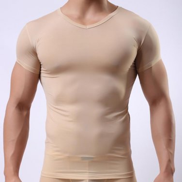 Man Undershirt/Men Ice Silk Spandex Sheer T Shirts/Male Nylon Mesh V-neck Thin Short Sleeves Tops