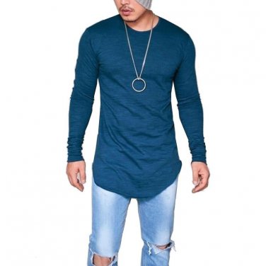 2017 Autumn Long Style Hip Hop T shirt Full Sleeves Slim Fit t Shirts Men Round Neck Asymmetry stree